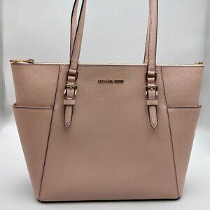 Michael Kors Womens Jet Set Large Crossgrain Leather Pink Top-Zip Tote Bag